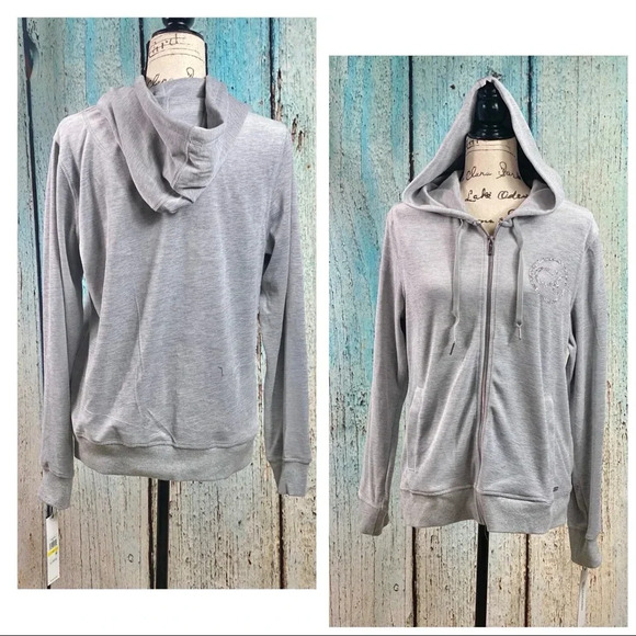 CALVIN KLEIN NWT Heather Granite Grey Velour Logo Zip Hoodie - Picture 4 of 13